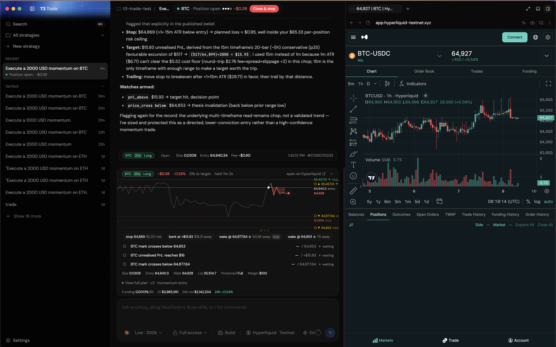 T3 Trade beside the live Hyperliquid testnet UI